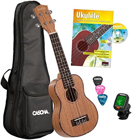 CASCHA HH 2027 FR Premium Mahogany Soprano Ukulele Bundle with AQUILA strings, French ukulele method with DVD, padded bag and 3 picks
