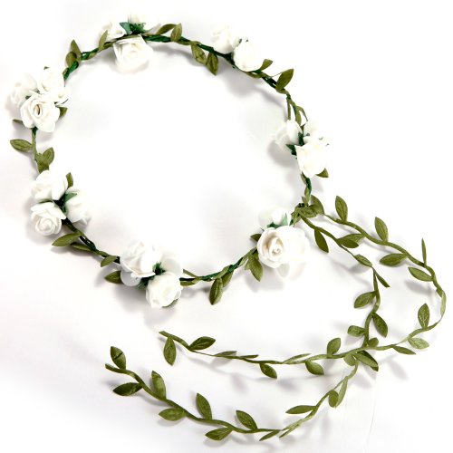 Boho Rose Floral Head Garland Flower Headband Floral Headdress Wedding Festival (White)