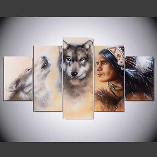 With frame/No frame 5 pcs native american wolfs canvas wall art painting modern home decor wall art picture print canvas painting ny-865,with framed