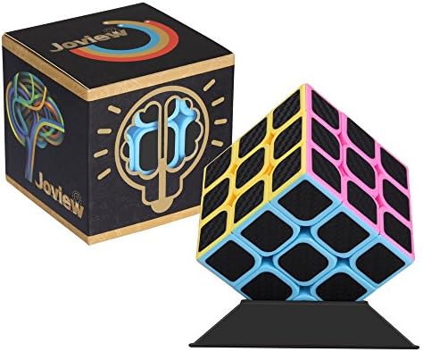 Joview 3x3x3 Cube Carbon Fiber Sticker 3D Speed Puzzle Magic Cube with Display Stand Smooth Turning Fast Classic Toys Learning Education for Adults or Kids (2.24x 2.24x2.24 in) (Black, 3X3X3)