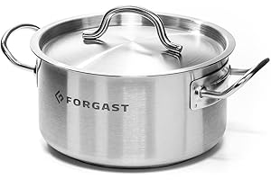 Forgast Pentola Professionale Acciaio Inox 5L Litri con Coperchio, Casseruola Bassa Pentola Induzione Gas Fornello Elettrico, Fondo Spesso Multistrato, Pentole da Ristorante, Argento