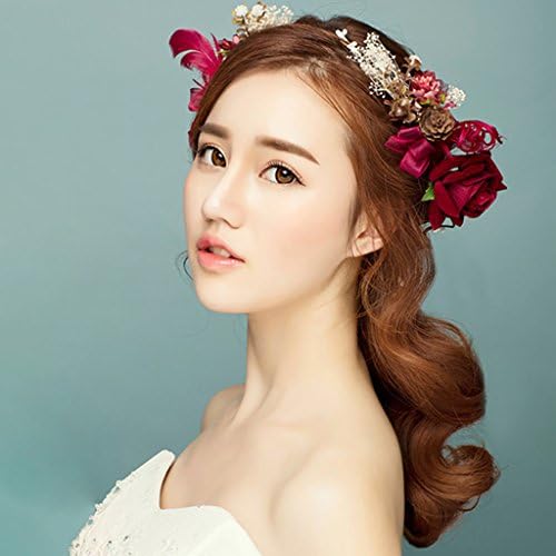 Flower Wreath , Headband Flower Garland Handmade Wedding Bride Party Ribbon Headband Wristband Hairband -Wine red ( Color : Wine red )