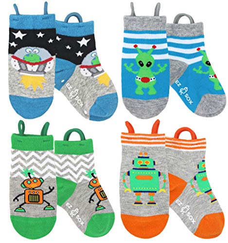 Ez Sox Calcetines de animales para niños, puntera sin costura, agarre antideslizante, Robot, Aliens, 1-3