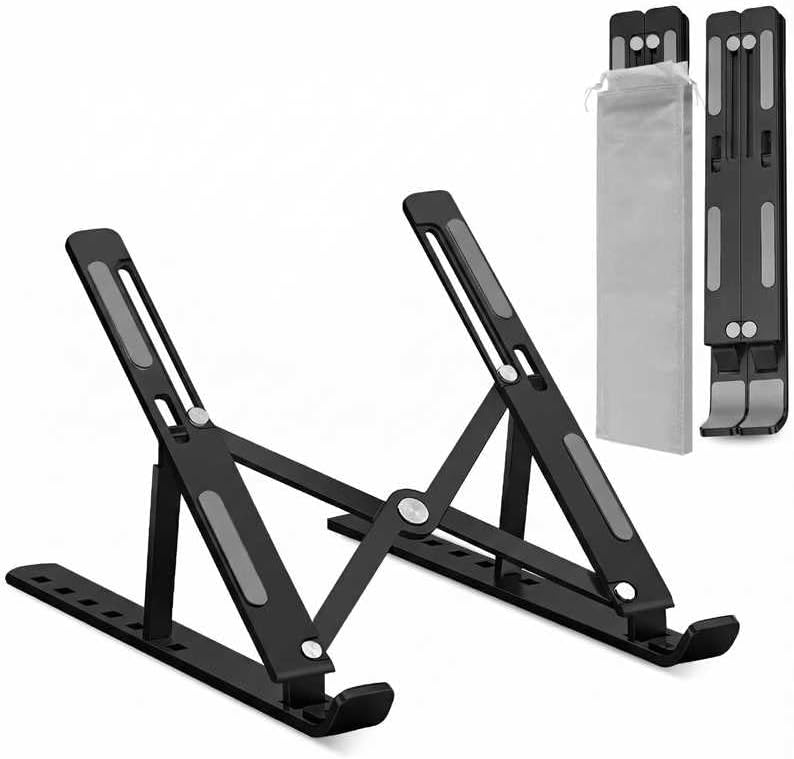 GrandMil Adjustable Laptop Stand for Desk – Foldable & Portable ABS+Silicone Riser, Ventilated Cooling Holder for 10-17.3” Laptops & Tablets (Black)