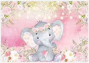 Allenjoy 7x5ft Pink Floral Girl Elephant Backdrop for Baby Shower Photography Golden Shiny It's a Girl Party Banner Welcome Baby Cake Table Background Birthday Photo Booth Props