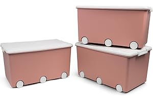 Thermobaby - Coffre de rangement PLAYBOX - MAXI 42 L - Lot de 3 Boites de Rangement - Caisse de Rangement en Plastique avec Couvercle - Clips de Fermeture - Poignée - Empilable - Rose