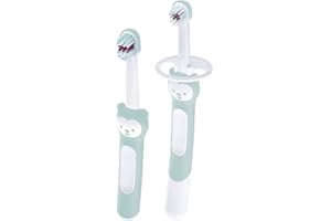 MAM Learn to Brush Set, szczoteczka do zębów dla niemowląt z długim uchwytem do wspólnego trzymania, szczoteczka do zębów dla dzieci trenuje mycie zębów, od 5+ miesięcy, turkusowa, 1 sztuka (1
