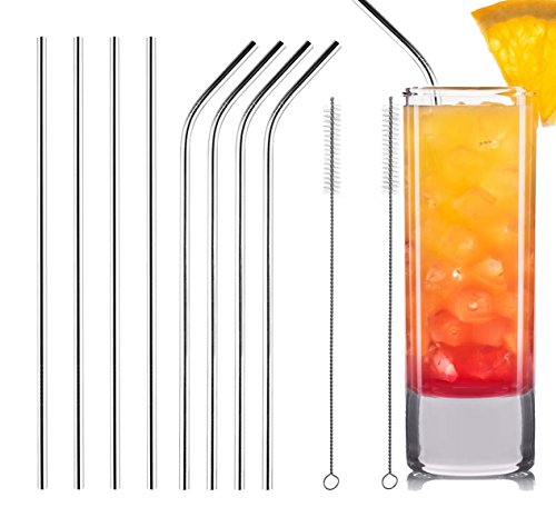 Meigirlxy Pailles à Boire en Acier Inoxydable, Ensemble de 8 Métal Paille Cocktail Reutilisable Brosse Paille pour 30oz 20oz Yeti Rambler Mug (4 Droite + 4 Courbés + 2 Brosses de Nettoyage + 1 Sac)