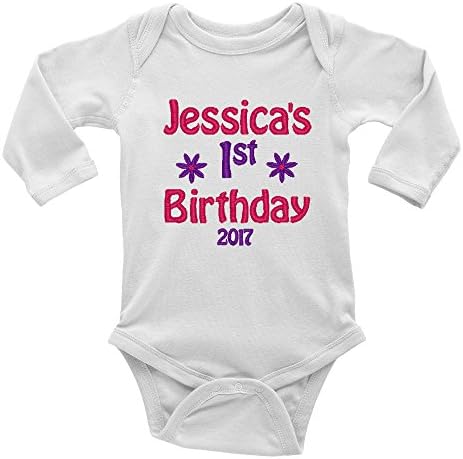 Personalised Embroidered with any Name 1st Birthday Boys and Girls Baby Bodysuit Vest (9-12 Months, Pink Flower Long Sleeve)