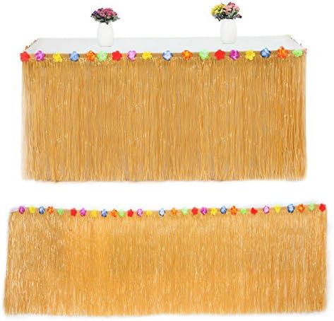 Hawaiian Luau Grass Table Skirt with Hibiscus Flowers Includes 9 Pairs Fasteners Perfect for Beach Tiki Tropical Island Moana Party Luau Decoration by MyCreator (Orange)