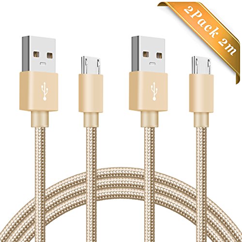 Budget&Good Micro USB Nylon Kabel High Speed USB 2.0 Nylon geflochtenes Datenkabel Ladekabel für Android, Samsung, HTC, Motorola, Nokia, LG, HP, Sony, Blackberry 2Pack 2M---Gold