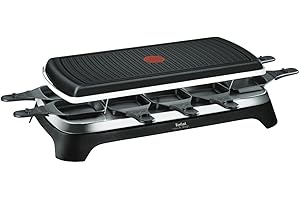 Tefal Appareil à raclette et grill, Revêtement antiadhésif, Fonction Thermo-Spot, 10 coupelles, Gourmet 10 Inox&Design RE458812, Noir