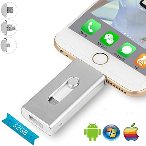 32GB USB iPhone Flash Drive - USB, Micr USB and Lightning connector(3 in 1) for iPhone iPad IOS Andriod and PC- (Sliver)