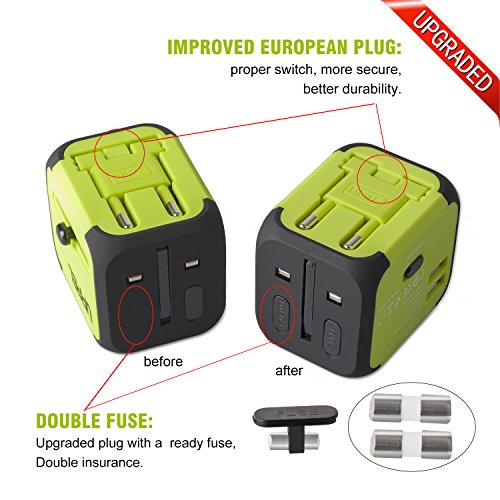 Milool universellen Reise-Adapter mit Doppel USB-Ports aus 150 Ländern weltweit US UK EU AU Universal fusionierten Sicherheit AC-in einem Ladegerät(Grün) - 3