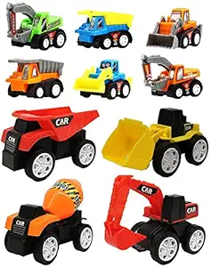 WISHKEY Plastic 10 Pcs Construction Vehicles Pull Back Toy Cars Playset,Truck Model Kit for Children Toddler Kids Mini Engineering Toys (Pack of 10, Multicolor)