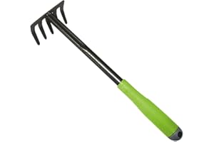 Xclou Râteau à main 33,5 x 8,8 x 7,3 cm - Râteau à fleurs avec manche ergonomique - Petit râteau de jardin à 5 dents - Outil de jardinage multifonctions, Vert/noir