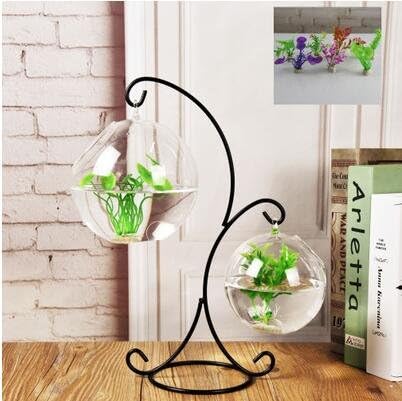 Lotefong Creative Decorative Hanging Ornaments Home Furnishing Glass Vase Water Transparent European Romantic Art New Aquarium,The Iron Hook Fish Stone Random Plants