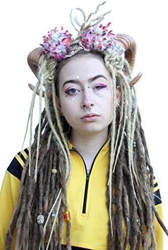 Viking Natural Brown Pom Pom Dreaded Rams Horn Festival Headdress Headband Crown