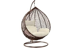 Yesuitme Hanging Egg Chair with Cushion Rattan Woven Swing Seat with Sturdy Steel Frame Reading Chair Garden Patio Indoor Outdoor Lounge Hanging Brown Chair White Cushion