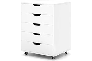 COSTWAY Mobile File Cabinet, 5/7 Drawers Lateral Stationery Storage Organiser Chest with Wheels, Home Office Printer Stand Side Filing Cupboard (White, 5 Drawers)