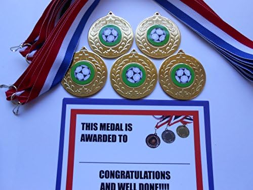 FUNDRAISING AND MEDALS PACK OF 5 METAL 50MM MEDALS - FOOTBALL THEMED CENTRE - CHOOSE FROM GOLD, SILVER OR BRNZE