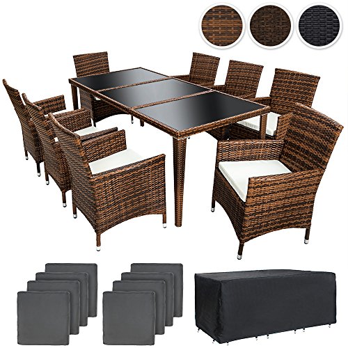 TecTake Poly Rattan Aluminium Gartenmöbel Gartengarnitur Essgruppe Gartenset Sitzgruppe 8+1 schwarz + 2 Bezugsets + Regenhaube, Edelstahlschrauben - diverse Farben - (Braun)
