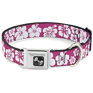 Buckle-Down Hibiscus Neon Pink/White Dog Collar Bone, Wide Medium/16-23