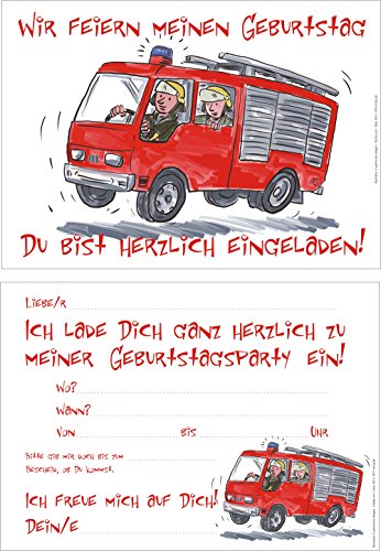 12 er Set lustige Einladungskarten Karten mit einem illustrierten Feuerwehrauto zum Kindergeburtstag oder zur Party von ArtUp - 3