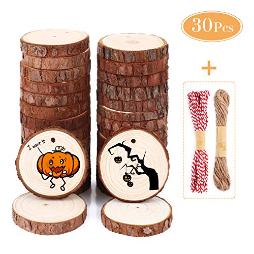SOLEDI Rodajas De Madera 24 Piezas De 8-9 cm Con Agujero y Superficie Lisa Los Círculos De Madera Incluyen Caja De Papel Kraft, Manualidades Hechas a Mano Perfectas y Adornos De Halloween