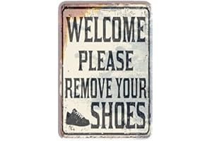 ELEtina Plaque rétro en métal « Welcome Please Remove Your Shoes » - Décoration murale vintage - 20,3 x 30,5 cm