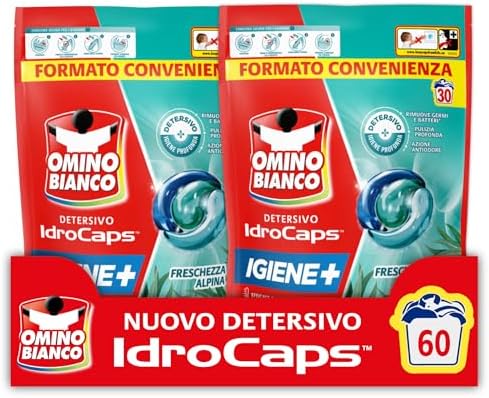 Omino Bianco Idrocaps - Detersivo Lavatrice in Capsule Igiene, 60 Lavaggi, Efficace a Basse Temperature, Profumo Freschezza Alpina, 30 Caps x 2 Confezioni