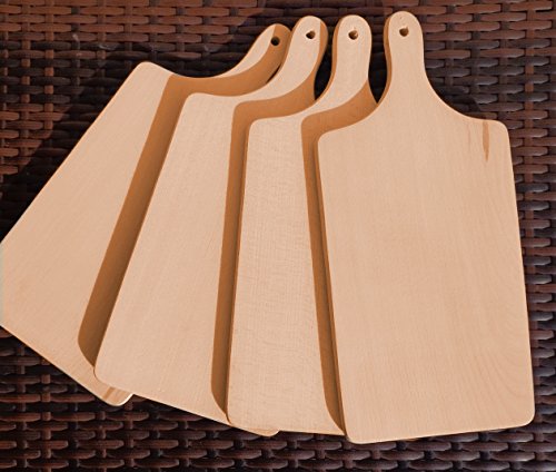 4 Stück massive, hochwertige Buchen-Holzbrettchen natur, mit abgerundeten Kanten, Maße viereckig je ca. 35 cm x 16 cm als Bruschetta-Servierbrett, Brotzeitbrett mit Griff, Naturholz - Rotbuche unbehandelt, Frühstücksbrettchen, Bayerisches Brotzeitbrettl mit Holzgriff, NEU Massive Schneidebretter, Anrichtebretter, Frühstücksbretter, Brotzeitbretter, Steakteller schinkenbrett rustikal, Schinkenteller von BTV, Brotzeitteller Bayern, Wildbrett, Wildbret