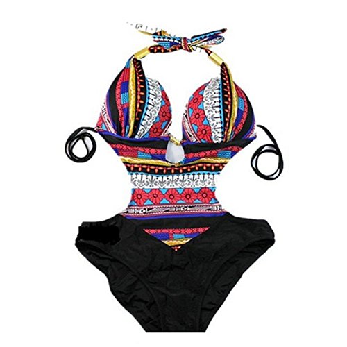 Aidonger Damen Sexy Nationalen Drucken Neckholder Tankini Badeanzug Hot Frauen Push-Up Rückenfrei Monokini Böhmen Raffinerten Bademode - 2