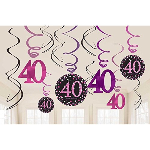 FesteFeiern® 12x Deckenhänger Swirl und Tischkonfetti 40. Geburtstag in pink schwarz violett 40. Happy Birthday - 3