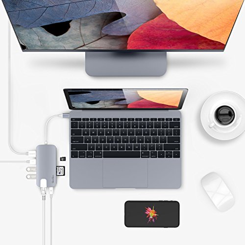 USB C Hub QacQoc USB C Adapter mit Typ C Ladeanschluss, HDMI Port, Gigabit LAN, SD-Kartenleser, Micro SD-Kartenleser, 3 USB 3.0 Port für Typ C Geräte wie MacBook, MacBook Pro, Google Chromebook (Grau) - 6