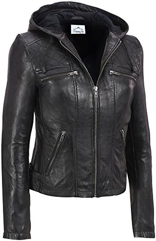 VearFit Women's Funterium Quailted Hooded Missy Regular Black Real Leather Jacket
