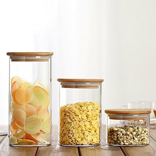 Airby(TM) Wooden Lid Borosilicate Glass Clear Airtight Canister Jars Set of 3 (0.3/0.8/1.35 L)