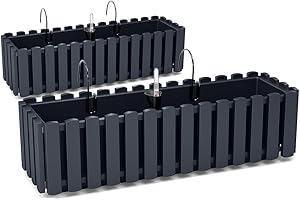 ‎TYMAR Tymar Blumenkasten mit Halterungen landhausstil, Balkonkasten lattenoptik, Pflanzkasten Landhaus, 2er-Pack, Garten, Balkon, Terrasse (Anthrazit, 60 cm)