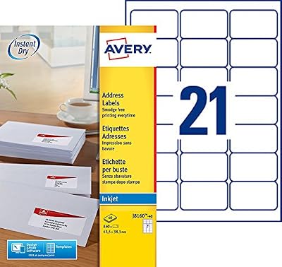 Avery 840 Etiquettes Autocollantes (21 par Feuille) - 63,5x38,1mm - Impression Jet d'Encre - Blanc - J8160