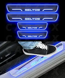 Carzex Car Door Opening Led Acrylic Foot Step Sill Plate Compatible with Kia Seltos (Blue) (Set of 4 Pcs)