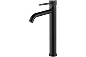BOOXELY Mitigeur de Lavabo, Robinet Lavabo Haut Noir, Modern Robinetterie de Salle de Bain Monocommande, Rond Robinet Salle Bain avec Hauteur de Bec 290 MM