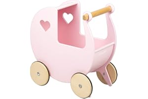Moover Classic Doll's Pram for Toddlers, Fully Assembled, Designed in Denmark from Russian Birch Plywood, Push Along Toy, 18 Months+, 44 x 43 x 24 cm, Baby Pink and Natural Wood