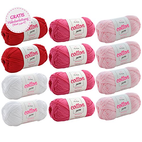 Wollset * Wollpaket Rosenblüte groß + GRATIS Anleitung * 12 Knäuel Cotton pure Baumwolle – Baumwolle zum Stricken – Baumwolle Garn - 50g/125m, Nadelstärke 2,5-3,5mm – 100% natürliche Baumwolle