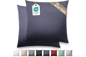 ‎BLUMTAL Blumtal Mako Satin Kissenbezug 80x80 Baumwolle Dunkelblau - 2er Set Kissenbezüge aus 100% Baumwolle - Edle Glanzoptik & Reißverschluss - Satin Kissenbezug für Kopfkissen 80x80 & Sofakissen