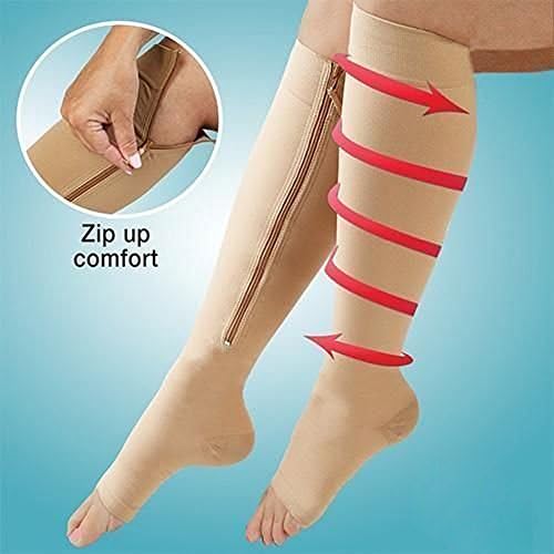 KAIFANG Zippered Compression Knee Socks Supports Stockings Leg Open Toe 10mmHg Zipper (Complexion, S/M)