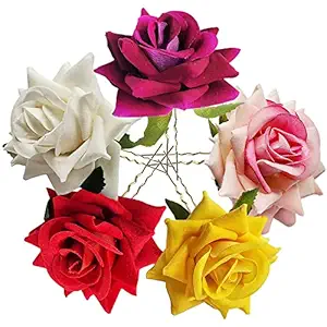 Juda Pins Fancy Artificial Roses Jura Pins Fashionable U-Shape Pins with Colored Roses Hair Styling Accessory For Girls And Women in Pink White pack of (6)