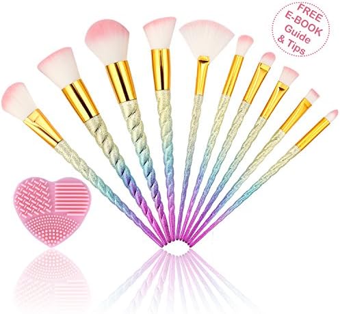 Unicorn Makeup Brushes Rainbow Premium Set 10pcs with Synthetic and Vegan Bristles | Makeup Blending Sponge and Brush Cleaner | for Foundation Eyeshadow Blush Contour Powder | FREE e-Book | By J&amp;J