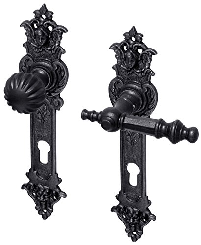 Preisvergleich Produktbild Türbeschlag antik Wohnungstür / Wechselgarnitur mit Knauf / Modell 'Eisenach' aus Gusseisen schwarz, Jugendstil / Gründerzeit