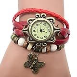 TianWlio Armbanduhren Damen Mode Retro Weave Wrap Dame Bead Butterfly Dangle Armband Armband Quarz Armbanduhr