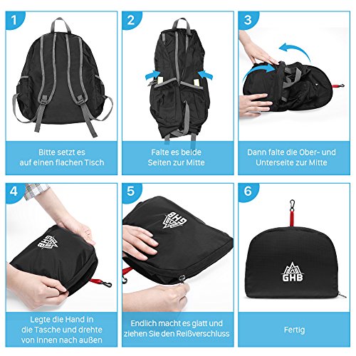 GHB Faltbarer Rucksack Ultraleicht Rucksack 25L Daypack,Leichter Faltbarer Rucksack für Männer, Frauen und Kinder für Outdoor Wandern Camping Reisen – Schwarz - 4